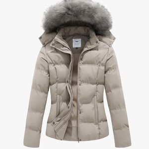 Women's Taupe Puffer Jacket with Faux Fur Trim